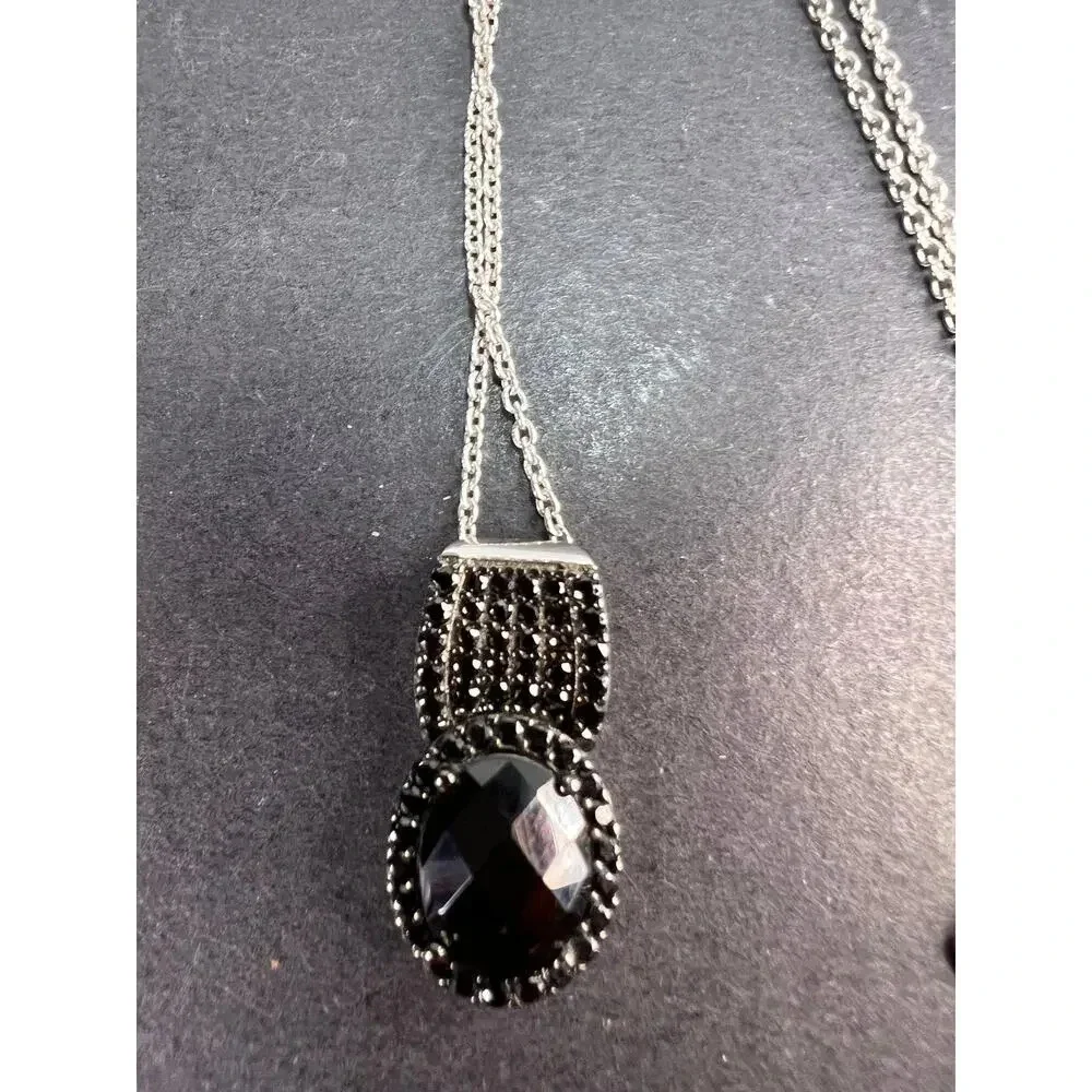 Black spinel pendant and chain necklace in rhodium over sterling silver